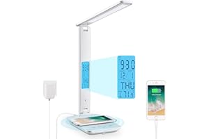 LAOPAO LED Desk Lamp with 10W Wireless Charging and USB Charging Port, 3 Colour Temperatures, 3 Brightness Levels,Touch Control, Time,Temperature,Clock Function for Home Office [White]