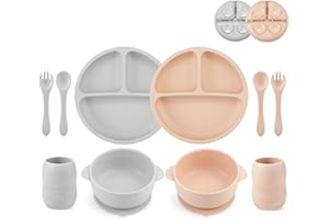PandaEar Silikonowy zestaw do karmienia dla dzieci, 2 talerze z przegrodą i przyssawką + 2 miseczki z przyssawką + 2 małe szklanki + 2 łyżki + 2 widelce (różowo-szary)