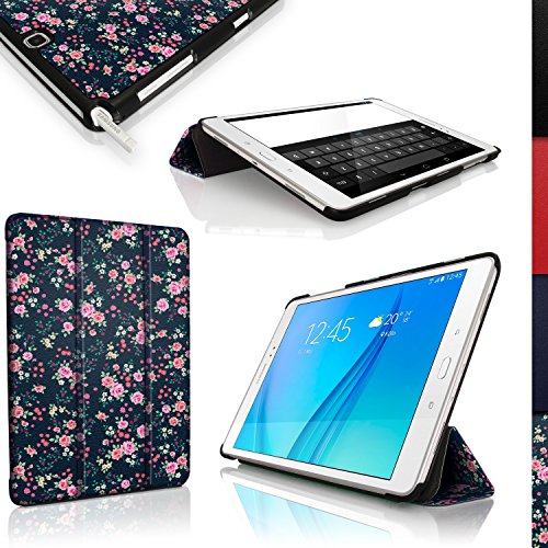igadgitz 'Designer Kollektion' Pink Rosen Blumen PU Ledertasche Hülle Smart Cover für Samsung Galaxy Tab A 9.7" SM-T550 mit Multi-Winkel Betrachtungs + Auto Sleep/Wake + Displayschutzfolie