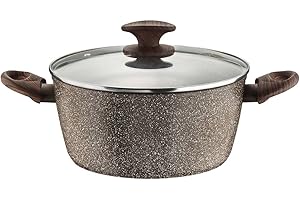 Pintinox Casseruola Alluminio Serie Natura, Antiaderente Effetto Pietra, Manico Effetto Legno, Coperchio in vetro con pomolo soft-touch effetto legno, Adatta all'Induzione, Diametro 26 cm