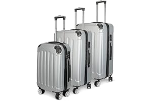 KeepGoon Set di valigie, set di valigie da viaggio 3 pezzi, set di valigie con 4 ruote e lucchetto a combinazione, valigie rigide in ABS, trolley con rotelle, manico telescopico S-M-L, grigio., 77×49×