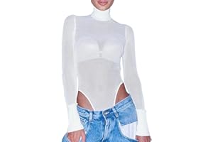 BKEPDY Damen Body Sexy Sheer Mesh Langarm Bodysuit Rollkragen Unterzieh-Body Stretch Elegant Langarmbody Jumpsuit T Shirt Overall für Frauen