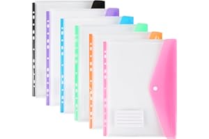 OFFICESWIFT Plastic Wallets A4 Punched Pockets, 11 Holes Expandable Binder Folders for 2/3/4 Ring Document Pouch with Snap Button & Label Loose-Leaf Transparent for Office School Home (6 Pack - Side Open)