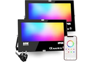 HEKEE RGB Projecteur 80W, Bluetooth, LED Exterieur Intelligente Changement de Couleur Rgbw Spot LED de Couleur, IP66 Etanche (2 Unité)