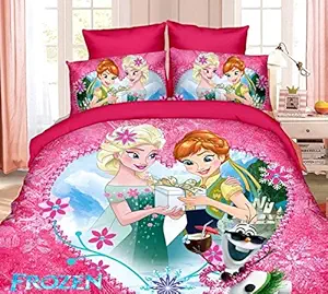BhaiJi Polycotton Kids Cartoon Bedsheet for Double Bed with 2 Pillow Covers, Girl Birthday Gift, Loose PVC Pack