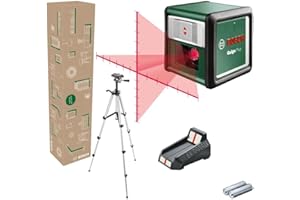 Bosch Láser de Líneas Cruzadas Quigo Plus con trípode (alineación fácil a distancias iguales y variables gracias a las marcas en la línea de láser, en caja para e-commerce)