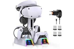 AUARTE RGB Charging Station for PS VR2/ PS5/ PS5 Edge Controller with AC Adapter and Plug Adapter, Vertical Stand for PlayStation VR2 Headset and Dualsense Controllers+ VR2 Charging Dock+ 10 Light Mode