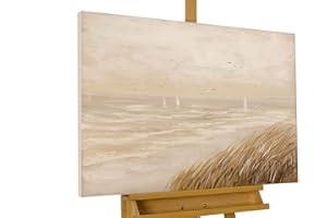 Kunstloft Quadro su tela | 100% DIPINTO A MANO | 90x60cm | Dipinto 'Nostalgia per il mare' | Spiagge | Beige | Arte moderna