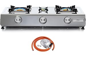 NJ THE RIGHT CHOICE NJ NSD-3 Camping Gas Stove 3 Burners Indoor Cooktop Stainless Steel LPG 8.0 kW WOK Regulators (Butane 21mm Clip-on)