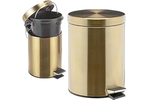 Suprano 3L Metal Stainless Steel Round Dustbin Heavy Duty Bin with Self-closing lid Kitchen Bathroom Bedroom Rubbish Waste Inner Basket (Golden)