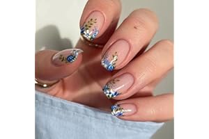 OKAQEE 24Pcs Press On Nails - Nude Pink Short Length Fake Nails - Square False Nails with Glue & Flower Design - Fashion Fake Nails for Women Girls