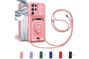 Aithne Case für Samsung Galaxy S25 Ultra Handykette Hüll,Slide kameraschutz,Silikon Handyhülle zum Umhängen Kette,360 Grad Ringhalter Stand Kartenfach-Pink