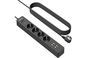 NTONPOWER Listwa zasilająca USB, 3 m, z zabezpieczeniem przed przepięciem, 4-krotne, 4 porty USB (długi przedłużacz, czarna)