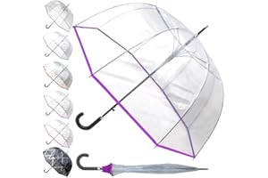 COLLAR AND CUFFS LONDON 60MPH Rare Automatic Clear Umbrella - Windproof Dome Umbrella Strong - See Through Transparent Clear Plastic Canopy - Best for Visibility - Designer Fiberglass Men Women - Purple Trim