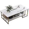 LEDIN Coffee Table with Storage, Rectangular Sofa Tables Open Shelf for Living Room, Center Marble Finish and Metal Frame Dining Home Office (White Marble + Gold)