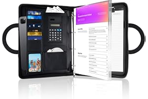 JABNOW Porte-documents A4, Conférencier Zippé en PU Cuir, avec Calculatrice, Compartiments pour Cartes et Bloc-notes, Pochette pour Tablette, Classeur à Anneaux, Poignées Magnétiques 34 x 25 cm (Noir)