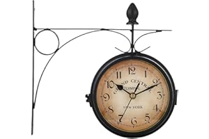 Lambo Horloge Murale Vintage, Horloge De Gare Rétro, Double Cadran avec Potence De Fixation Pendule Double Face pour L’intérieur Et L’extérieur Maison Jardin Cuisine Cour Séjour