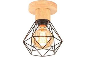 TOKIUS Lámparas de Techo Vintage 16CM Retro Lámpara Colgante Diseño de Jaula Negro Iluminación de Techo en Hierro y Madera E27 Luz Colgante de Interior para Pasillo Dormitorio Salón (Plafón)