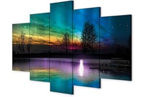 murando - Wandbilder XXL Polarlicht 225x112cm 5 tlg - Wand Deko Leinwand Bilder Groß Wanddeko Wohnzimmer Schlafzimmer Kunstdrucke - Landschaft Bäume c-C-0192-b-m