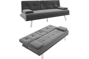 ZANOFIRA Modern 2 Seater Click Clack Sofa Bed with 2 Cup Holders and Removable Pillow, Fabric Convertible Futon Settee, Futon Recliner Lounge for Living Room, Guest Room, Bedroom, Grey