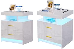 ‎LVIFUR Lvifur 2X Nachttisch Led Licht,Smart NachtschrankMenschliche Sensorfunktion mit 2 Schublade,Hochglanz Nachtkommode mit USB&Type-C Laden, Kabelloses Laden Nachttisch 3 Farblicht dimmbar, Weiß