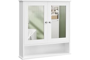 ‎VASAGLE VASAGLE LHC012W01 szafka łazienkowa z lustrem, szafka ścienna, szafka wisząca z 2 drzwiami z lustrem i otwartą półką, regulowana półka, montaż ścienny, 15 x 65 x 75 cm, biała