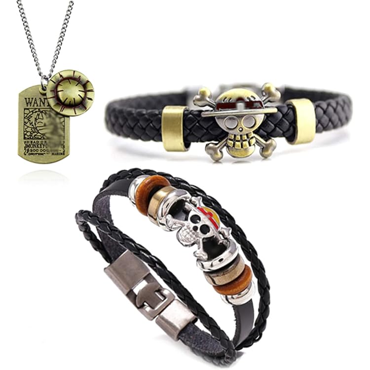 Set Bijoux One Piece Luffy & Zoro - Collier Pendentif Squelette + Bague + 10 Autocollants - Zinc Alliage Fan Anime