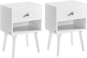 ‎VASAGLE VASAGLE Stolik nocny, 2 szt., stolik boczny z szufladą i otwartą półką, drewniane nogi, stolik kawowy do salonu, sypialni, sofy, Śnieżka LET855W01