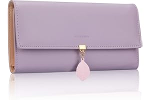 FT FUNTOR PU Leather Wallet for Women RFID Blocking Ladies Leaf Pendant Coin Zipper Long Purse with Multiple Card Slots and Card Holders Phone Pocket(L-Purple)