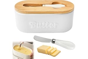 BORDEAG Beurrier En Porcelaine Avec Couvercle En Bois - 500 ML Céramique Avec Couteau À Beurre - Conteneur Pour Le Stockage Du Beurre (19X9,4X9 cm)
