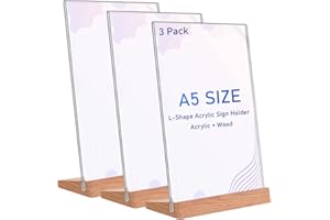 AYIFAN A5 Acryl-Schilderhalter, L-förmig, Holzsockel, Menühalter für Restaurants, Schule, Büro, transparenter A5-Displayständer für Werbeaktionen, Speisekarten, Hochzeiten und mehr, 3 Stück (vertikal)
