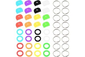INGJIA 48 Stück Schlüsselkappen, Bunter Schlüsselabdeckungen Runde PVC Schlüsselkappen Schlüsselkennzeichnung Set mit 16 Schlüsselringen aus Eisen (Halbkreisförmig + kreisförmig, 8 Farben)