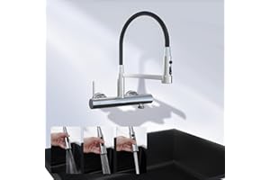 DETBOM Wasserhahn Küche Wandmontage mit 3/4 zoll Anschluss für Geschirrspüler/Waschmaschine, Edelstahl Wandarmatur Küche mit 3 Strahlarten, Küchenamatur mit Flexibler Auslauf (Gesamthöhe 385mm) Silber