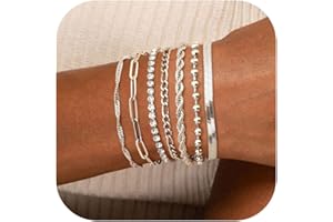 ADRAMATA 7 Pezzi Braccialetti a Catena per Donna Braccialetti Acciaio Inossidabile Figaro Braccialetti con Ciondoli a Maglia Regolabili CZ Oro Argento Bracciali per Donna Ragazze