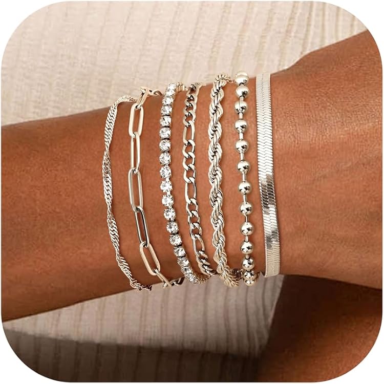 Bracelet Argent 925 Femme - Lot De 3 Bracelets Empilables - Chaîne, Perles Et Trombone - Réglable