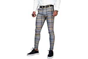 GINGTTO Men's Skinny Stretch Chinos Checked Smart Chino Trousers Slim Fit