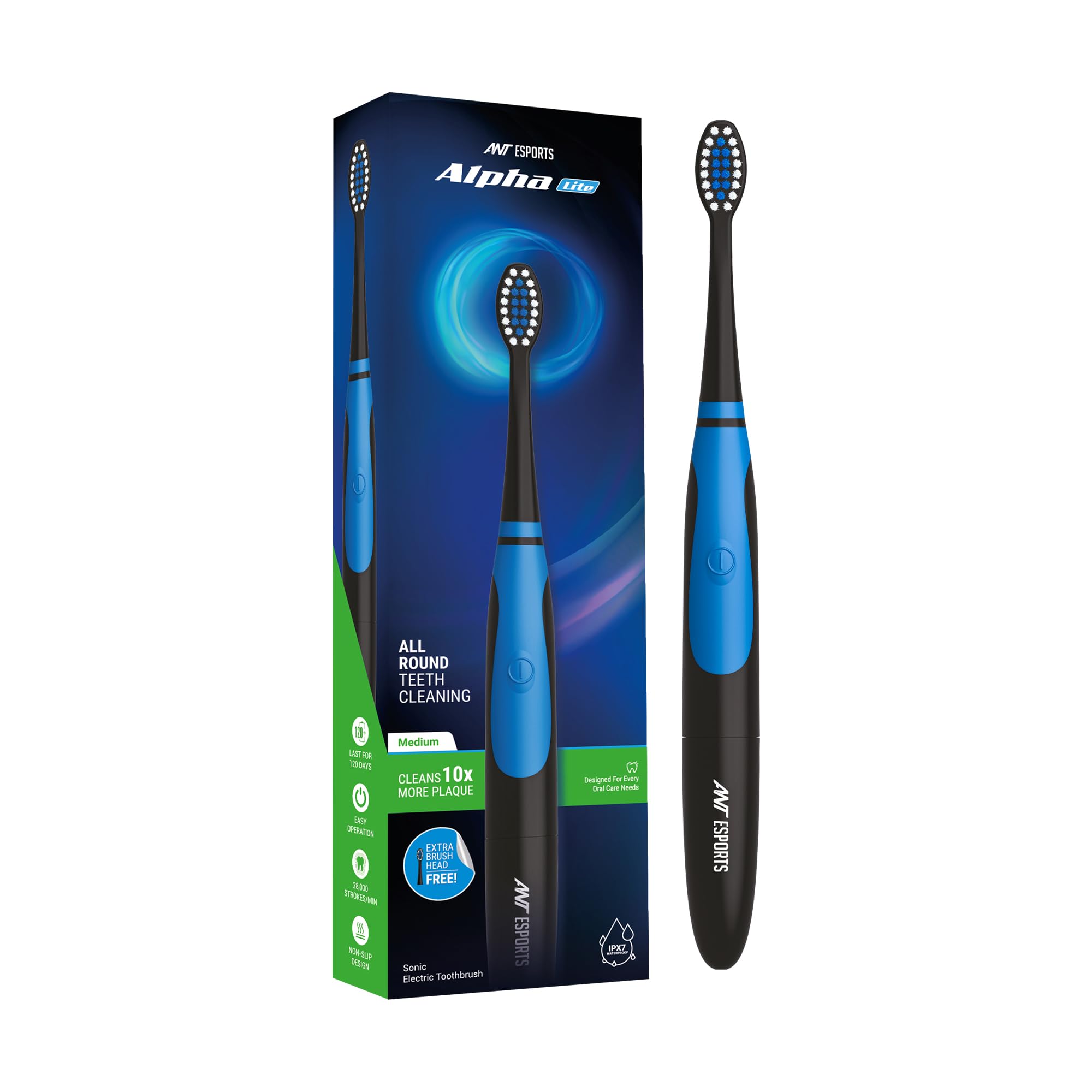 Ant Esports Alpha Lite Sonic Electric Toothbrush with 2 Brush Heads, Sonic Toothbrushes 28,000 VPM, IPX7, Ergonomic Designs, 