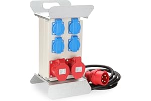 Joparri Distribuidor mural, CEE 2 x 16A 400V+4x 230V Schuko IP44 Distribuidor de corriente de 5 polos, alimentación por conducto de goma, con bisagra de seguridad de la toma de corriente