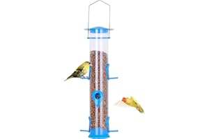 Urban Deco Hanging Plastic Tube Bird Feeder With 6 Ports - Niger Seed and Fat Ball Feeder for Small Birds - Steel Hanger, Weatherproof - Blue - 1 Pack