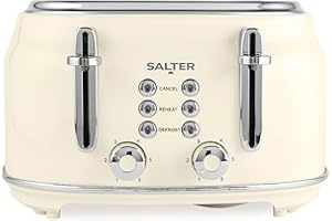 Salter Retro Cream 4-Slice Toaster – ­Wide Slots, 6 Browning Levels, Defrost, Reheat, Cancel Functions, Removable Crumb Tray, Extra Thick Bread/Bagels, High-Lift Eject, Self-Centring, 1630W