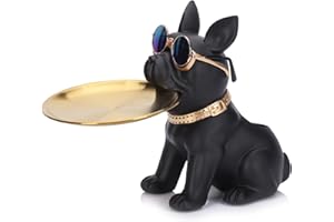 XIYOUQI Bandeja de almacenamiento de estatua de bulldog francés de resina, bandeja de llaves para mesa de entrada, bonita estatua de mayordomo de perro con bandeja, figura de bulldog francés negro,