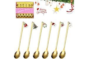 REFORUNG 6 Pz Cucchiai di Natale in Acciaio Inox,Cucchiaio da Caffè di Natalizi con Pendenti di Natale,Cucchiaini da Tè da Dessert con Confezione Regalo per Zuppa di Tè Dessert (Dorato)