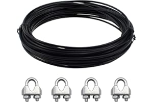 DXLing 3 mm x 12 m Câble en Acier Inoxydable avec 4 Pinces de Câble Fil de Suspension pour Photo Réglable Câble Métallique Résistant Enduit pour Vêtements Lumières Photos Max Stand 45KG