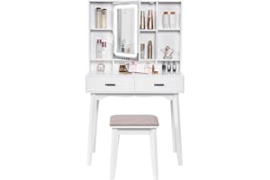 BEWISHOME Schminktisch mit Beleuchtung,Einstellbarer Helligkeit,Schminktisch mit Spiegel,Schminktische Frisiertisch Kosmetiktisch mit Verstellbaren Ablagen,hocker, 2 Schubladen Modern Weiß EFST31W