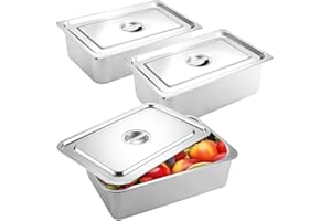 RUIOOMEEP Food Bowls Set of 3 Stainless Steel with Lid, 32.5 x 17.5 x 6.5 cm, GN 1/3 Containers, Food Containers, for Hot & Cold Foods, Buffet Catering Hotel Pan - Easy to Clean
