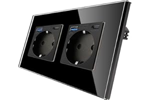 CNBINGO Podwójne szklane gniazdko z portami USB (typ C i typ A, szybkie ładowanie 20 W), gniazdko podtynkowe w kolorze czarnym, styk ochronny, gniazdko ścienne ze szklaną ramą, 2 szt.