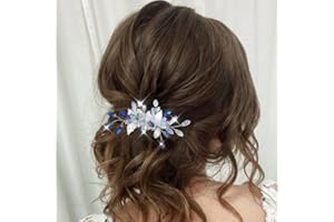 Edary Pettine per capelli da sposa in argento con perline blu, fermagli per capelli con foglie e strass, accessori per capelli per donne e ragazze