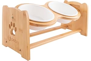 MUAWO Petzy Premium Hundenapf Keramik oder Katzennapf, 700 ml pro Napf | Höhenverstellbar, Perfekter Futternapf für Hund und Katze | Näpfe mit Futterstation aus Bambus