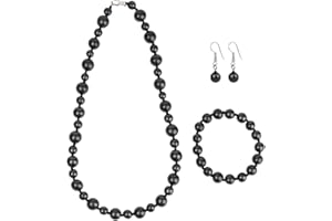 Heka Naturals Shungite Crystal Bella Necklace, Small Sphere Earrings & Stretchy Bracelet Set of 3 | Spiritual Jewellery Chakra Healing Black Trendy Jewellery, Negative Energy Protection