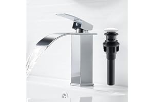 AIMOYO Bathroom Sink Taps Chrome, Waterfall Basin Mixer Tap with Pop Up Waste, Modern Single Lever Brass Bathroom Taps Mixer Hot and Cold Water Sink Faucet with UK Standard Hoses